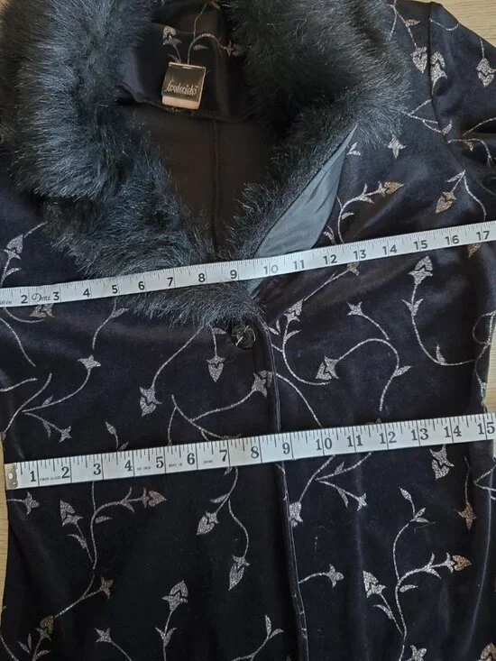 Fredericks Of Hollywood Black Velour Velvet Faux Fur Collar Coat Size Small - Picture 7 of 10